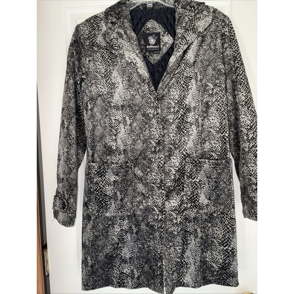 Dollhouse Jacket Women's Medium Snakeskin Trench Coat Silver‎ Black Y2K Velvet